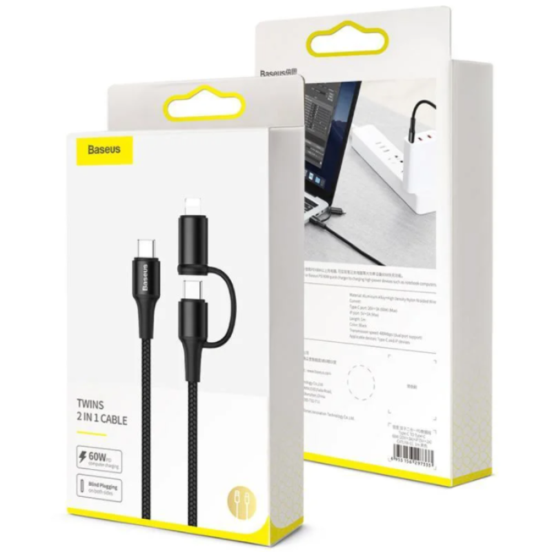 Baseus CATLYW-H01 кабель черный с Type-C на Type-C 60W (20V/3A) на lightning 18W(9V/2A) 1 м