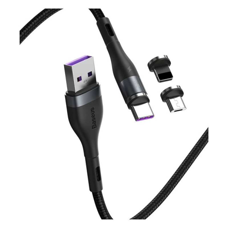 Baseus CA1T3-AG1 кабель магнитный черно-серый с USB на M+L+C 3A 1 м