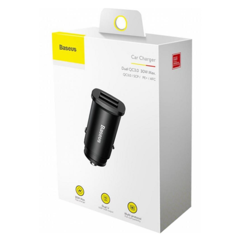 Baseus CCALL-DS01 Square metal A+A 30W Dual QC3.0 автомобильное зарядное устройство цвет черный