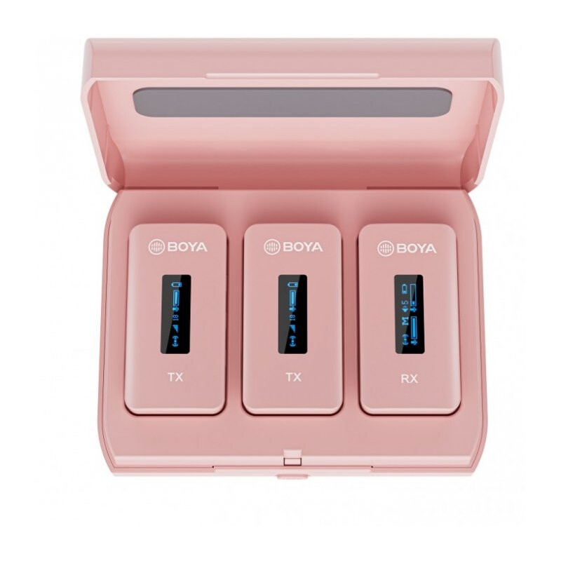 Boya BY-XM6-K2P розовая миниатюрная 2,4 ГГц двухканальная беспроводная микрофонная система в зарядно