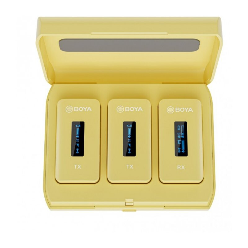 Boya BY-XM6-K2Y жёлтая миниатюрная 2,4 ГГц двухканальная беспроводная микрофонная система в зарядном