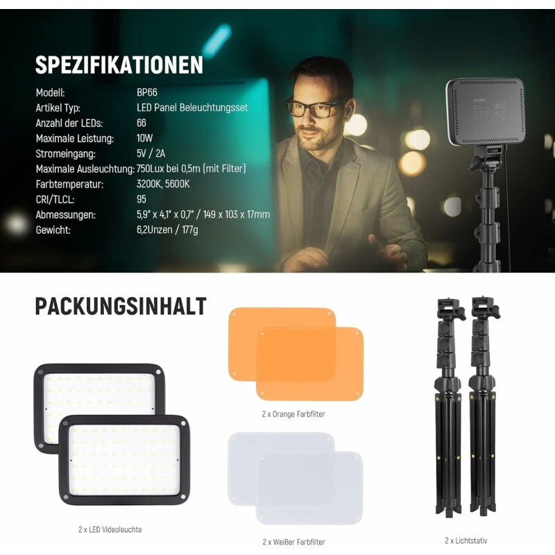NEEWER LED BP66, 10 Вт 3200K и 5600K комплект видеосвета 2шт