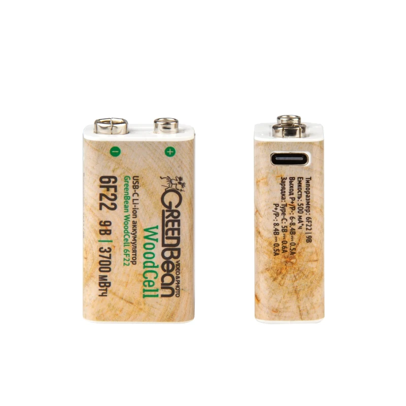 GreenBean WoodCell 6F22 аккумулятор с зарядкой через USB-C (набор 2 шт)
